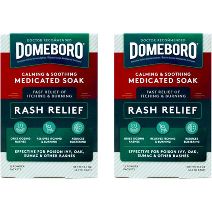 Domeboro Medicated Soak Rash Relief front packaging view showing twelve powder packets.