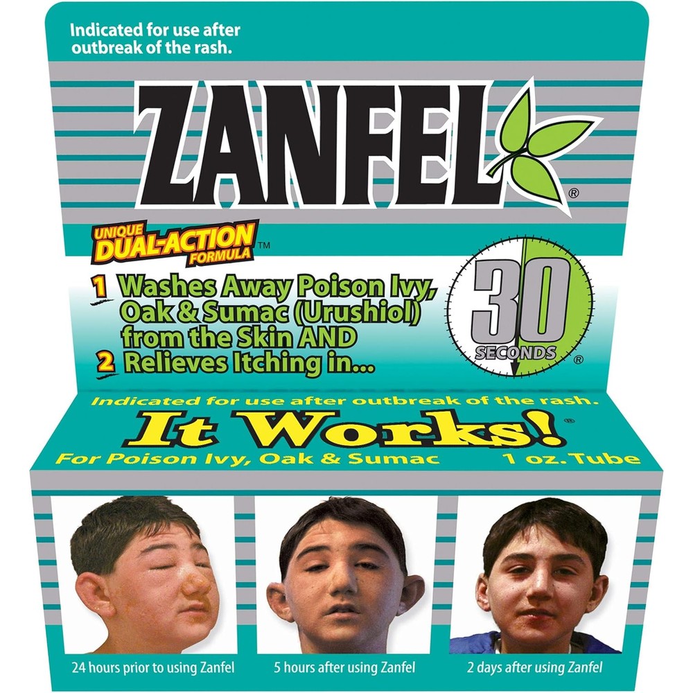 Zanfel Poison Ivy Oak and Sumac Wash 1 Ounce tube front view for itch relief.