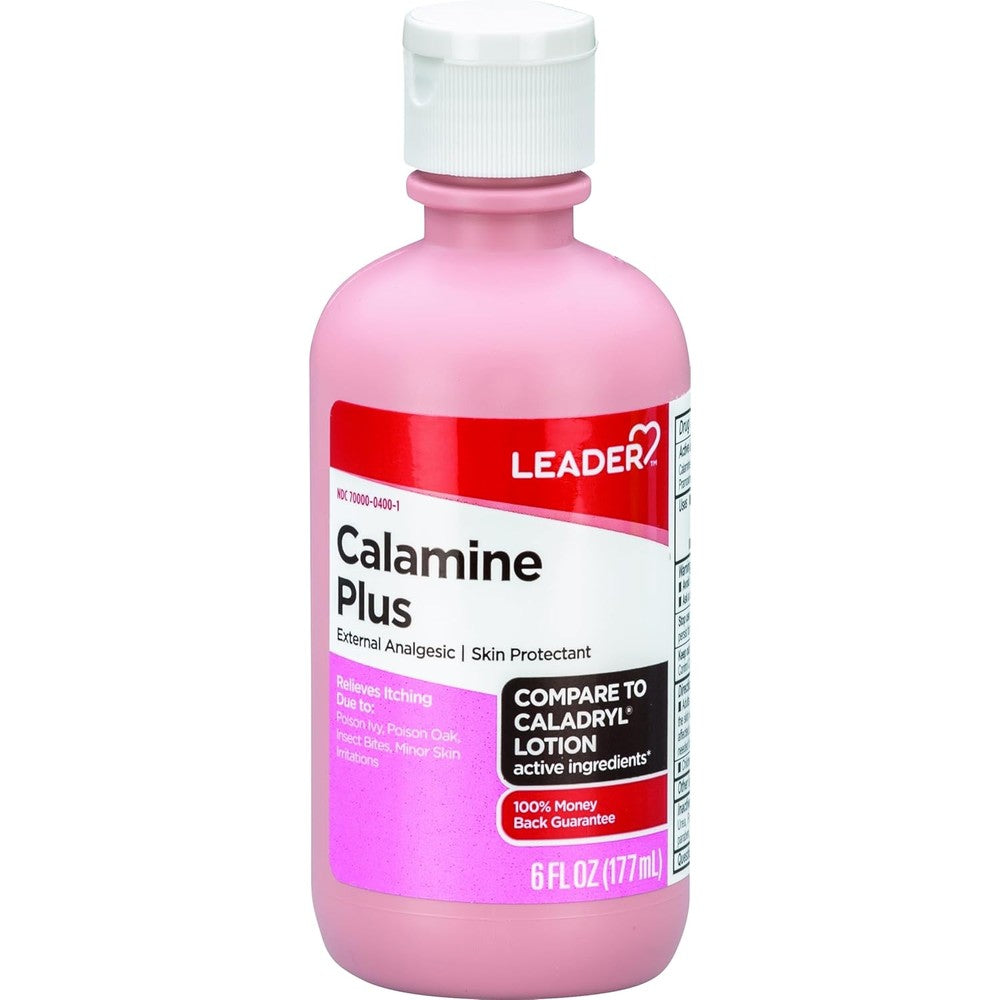 Leader Calamine Plus Anti Itch Lotion front view showing medicated skin protectant packaging