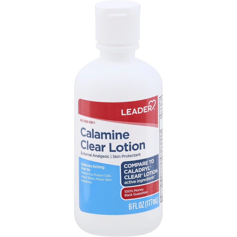 Leader Medicated Calamine Clear Lotion 6 Ounce front view bottle for fast acting itch relief