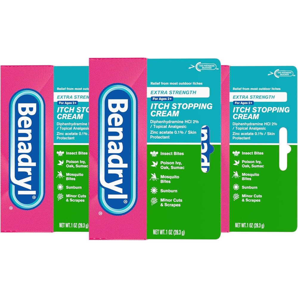 Benadryl Extra Strength Anti Itch Topical Cream front view of three pack packaging