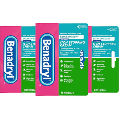 Benadryl Extra Strength Anti Itch Topical Cream front view of three pack packaging