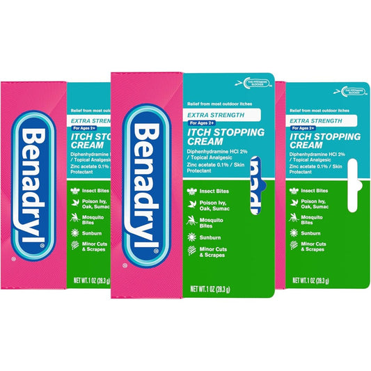 Benadryl Extra Strength Anti Itch Topical Cream front view of three pack packaging