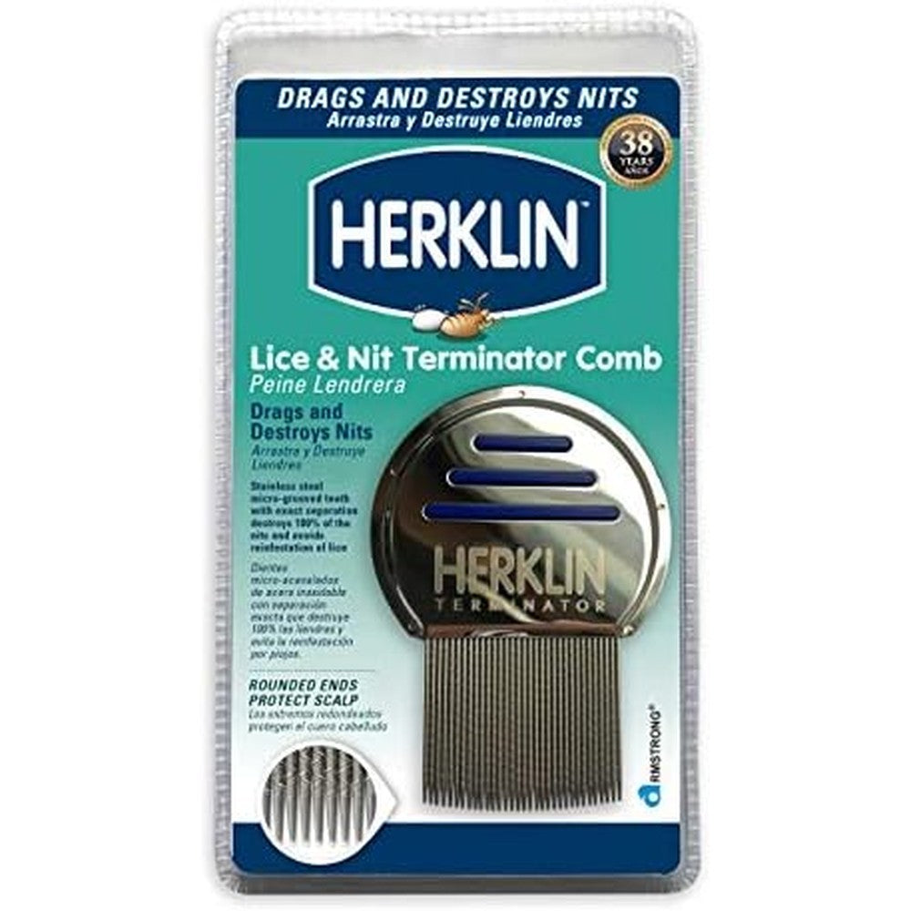 HERKLIN Terminator Lice and Nit Removal Comb front view professional grooming tool.