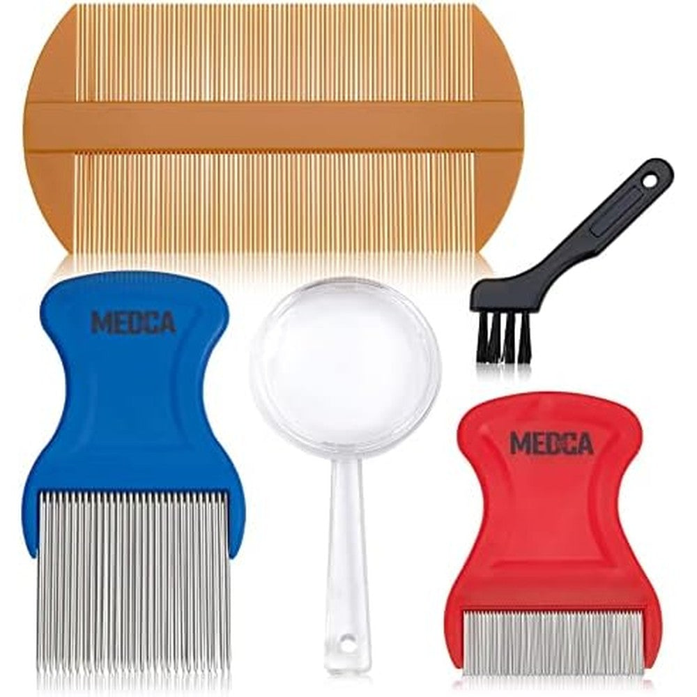 MEDca Premium 5 Piece Lice Removal Treatment Kit front view showing stainless steel combs and magnifier glass