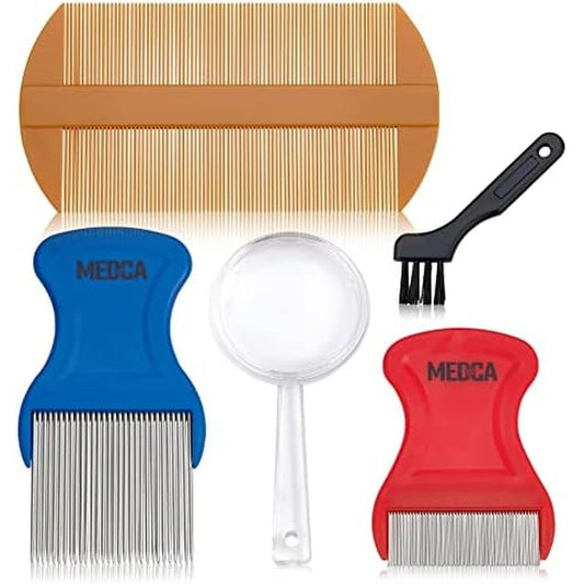 MEDca Premium 5 Piece Lice Removal Treatment Kit front view showing stainless steel combs and magnifier glass