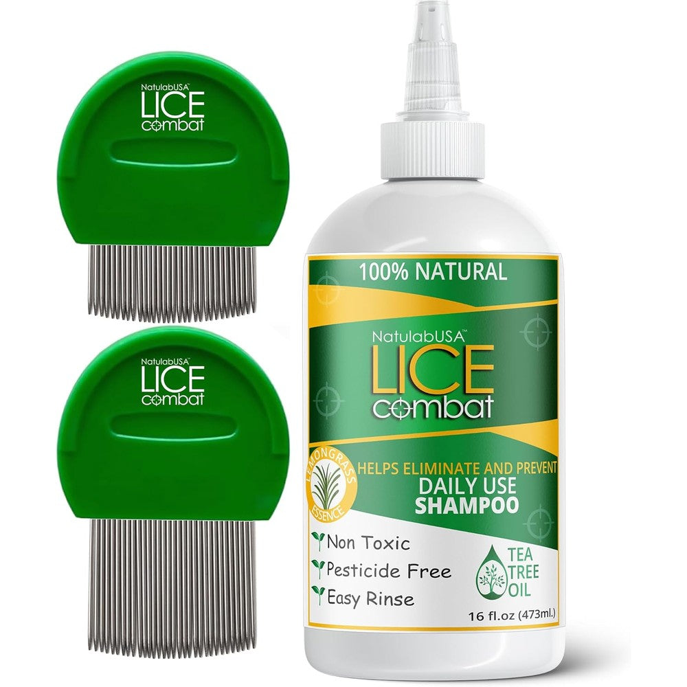 NatulabUSA Lice Combat Shampoo and two combs kit front view for natural lice removal.