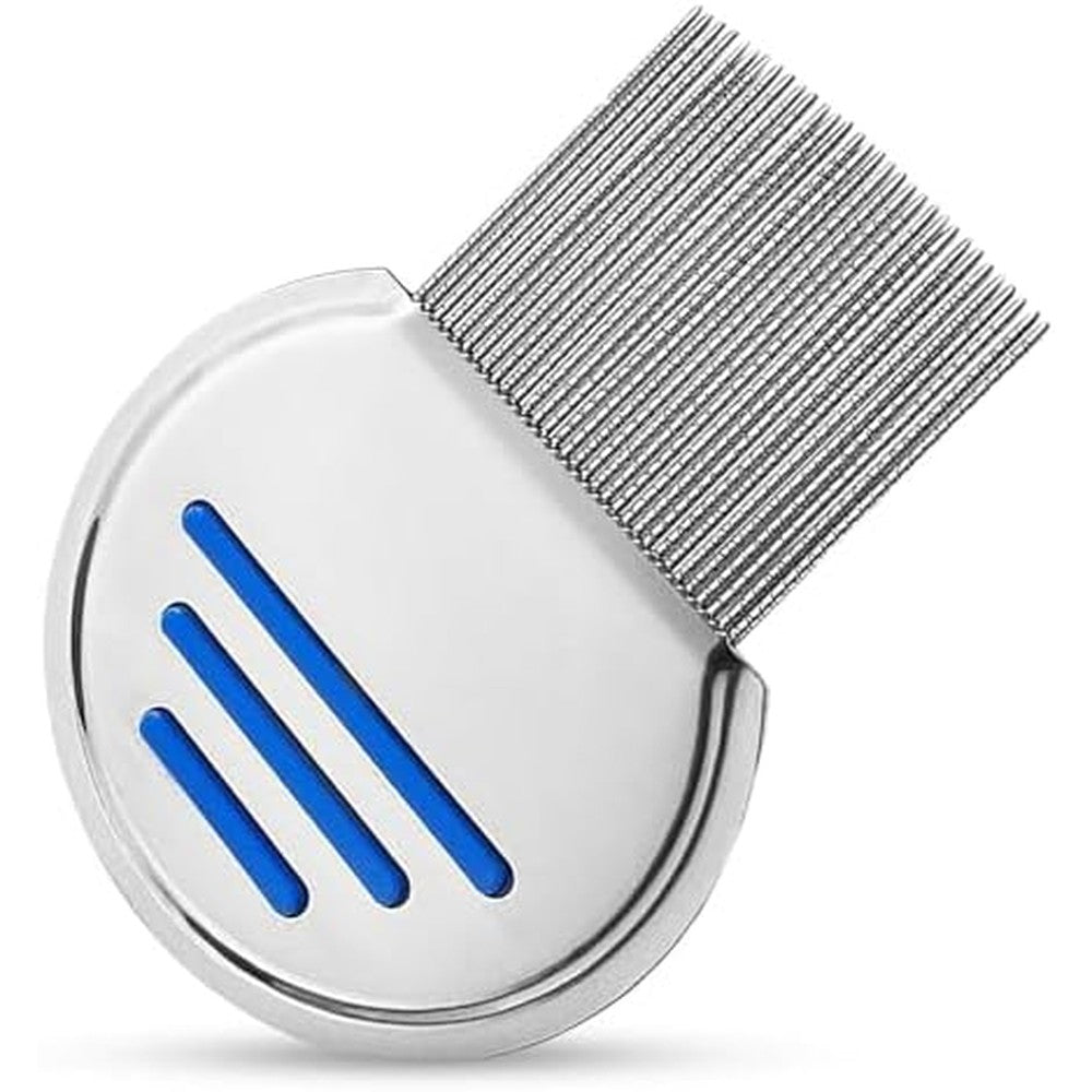 Tangseajiao White Long Handle Metal Hair Nit Comb front view showing stainless steel teeth.