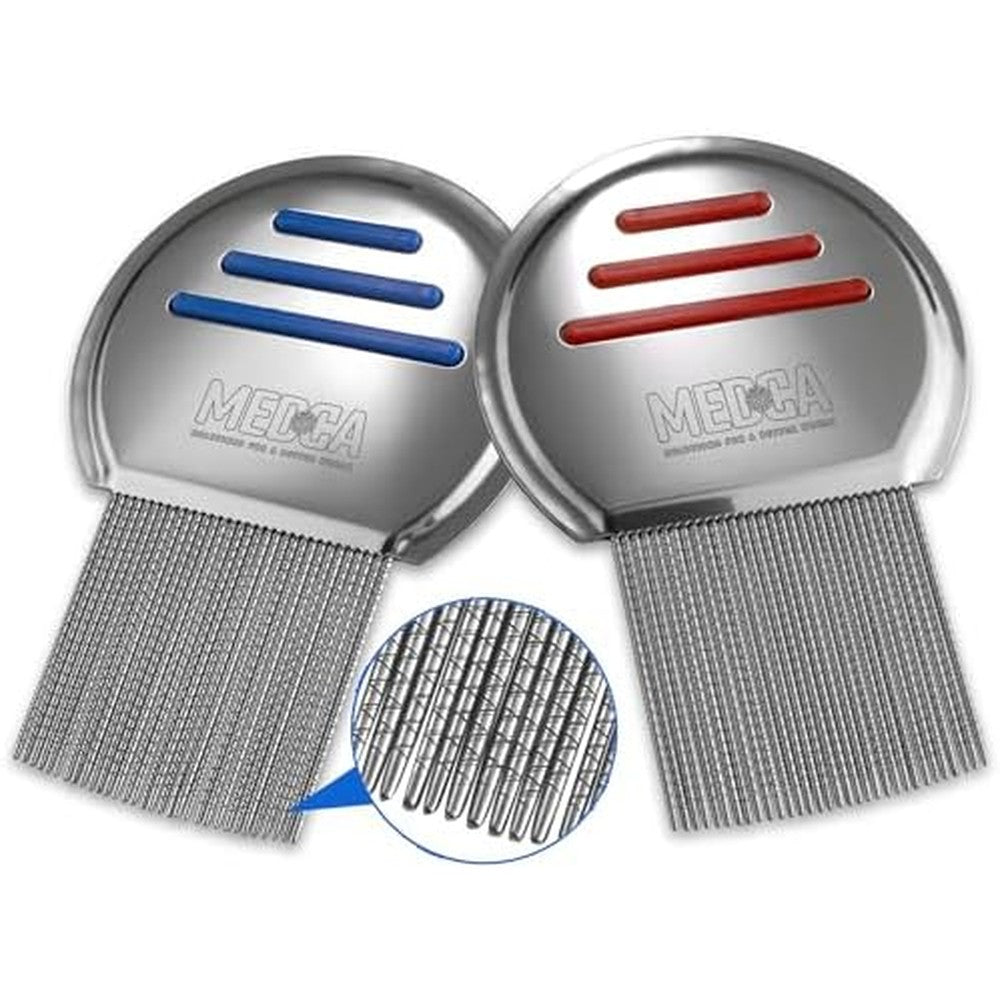MEDca Stainless Steel Professional Lice Combs front view showing two pack of red and blue combs.