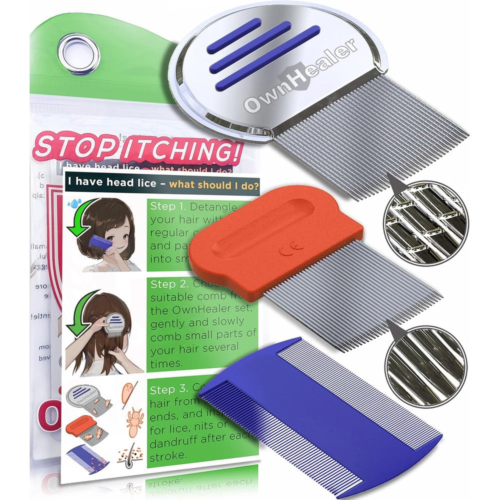 OwnHealer Professional Lice Comb Kit front view showing red and blue stainless steel nit combs