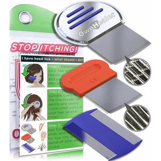 OwnHealer Professional Lice Comb Kit front view showing red and blue stainless steel nit combs
