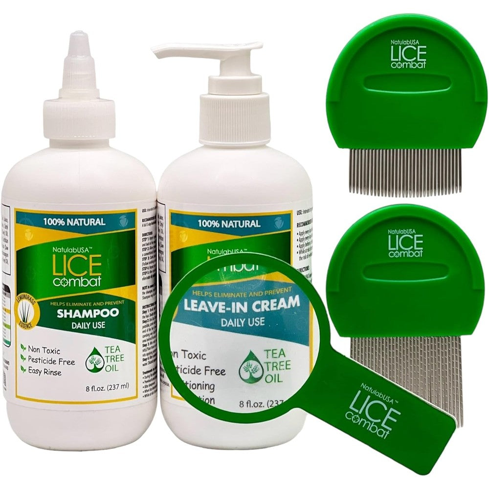 NatulabUSA Lice Combat Treatment Kit front view showing shampoo and tools.