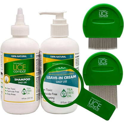 NatulabUSA Lice Combat Treatment Kit front view showing shampoo and tools.