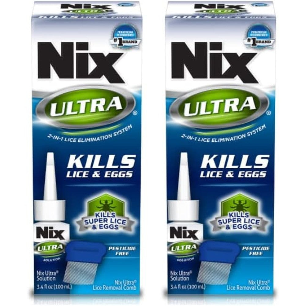 Nix Ultra 2-In-1 Lice Treatment front packaging showing two pack solution and comb.
