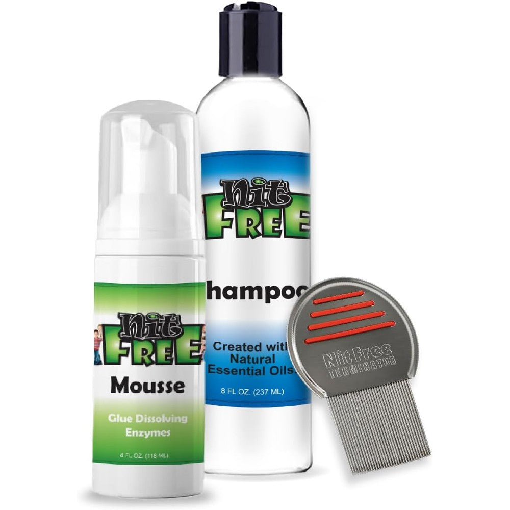 Nit Free Terminator Professional Lice Kit front view showing mousse shampoo and comb