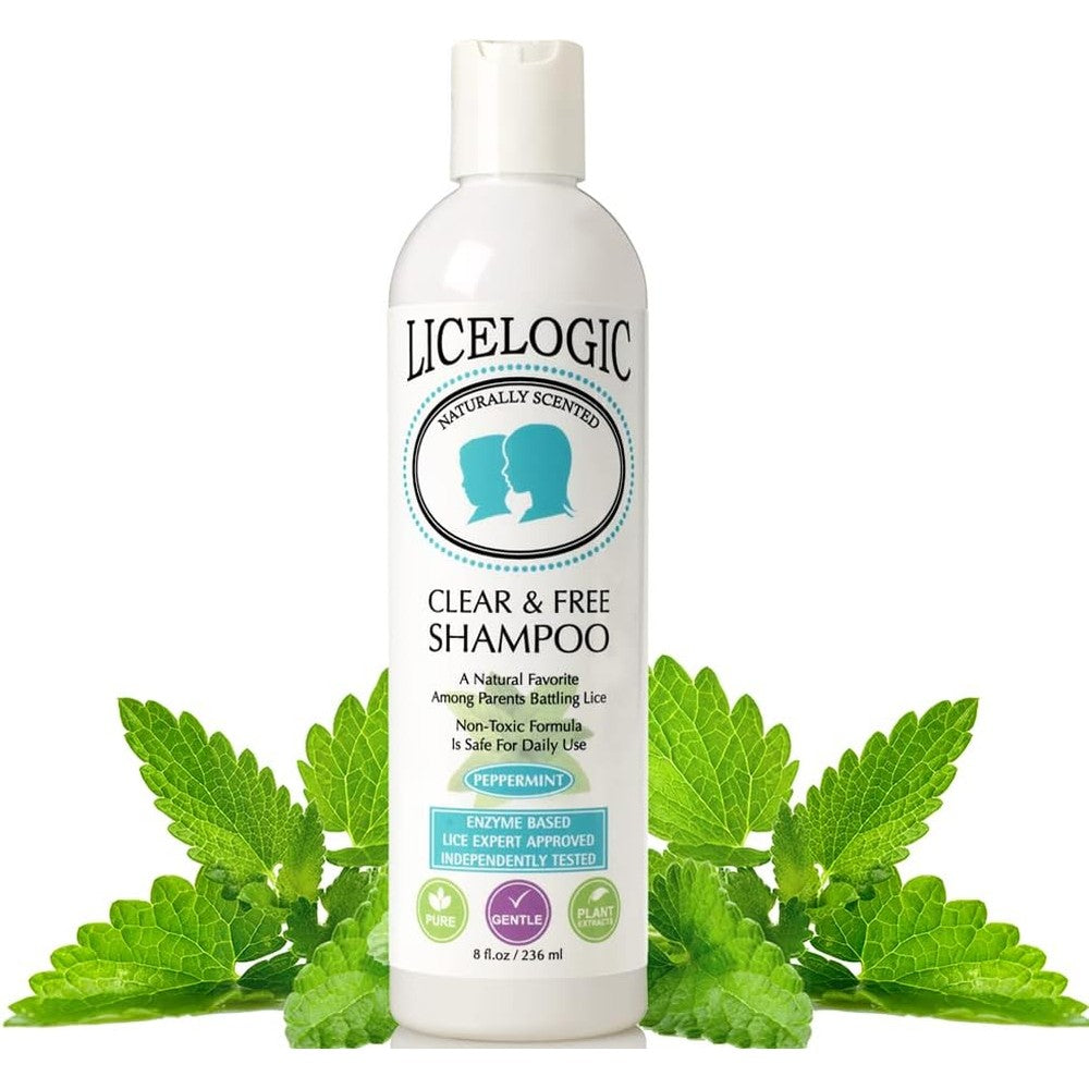 LiceLogic Clear and Free Lice Treatment Shampoo front bottle view for effective lice removal.