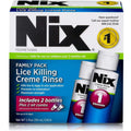 Nix Lice Killing Creme Rinse Family Pack front view showing two bottles and combs.