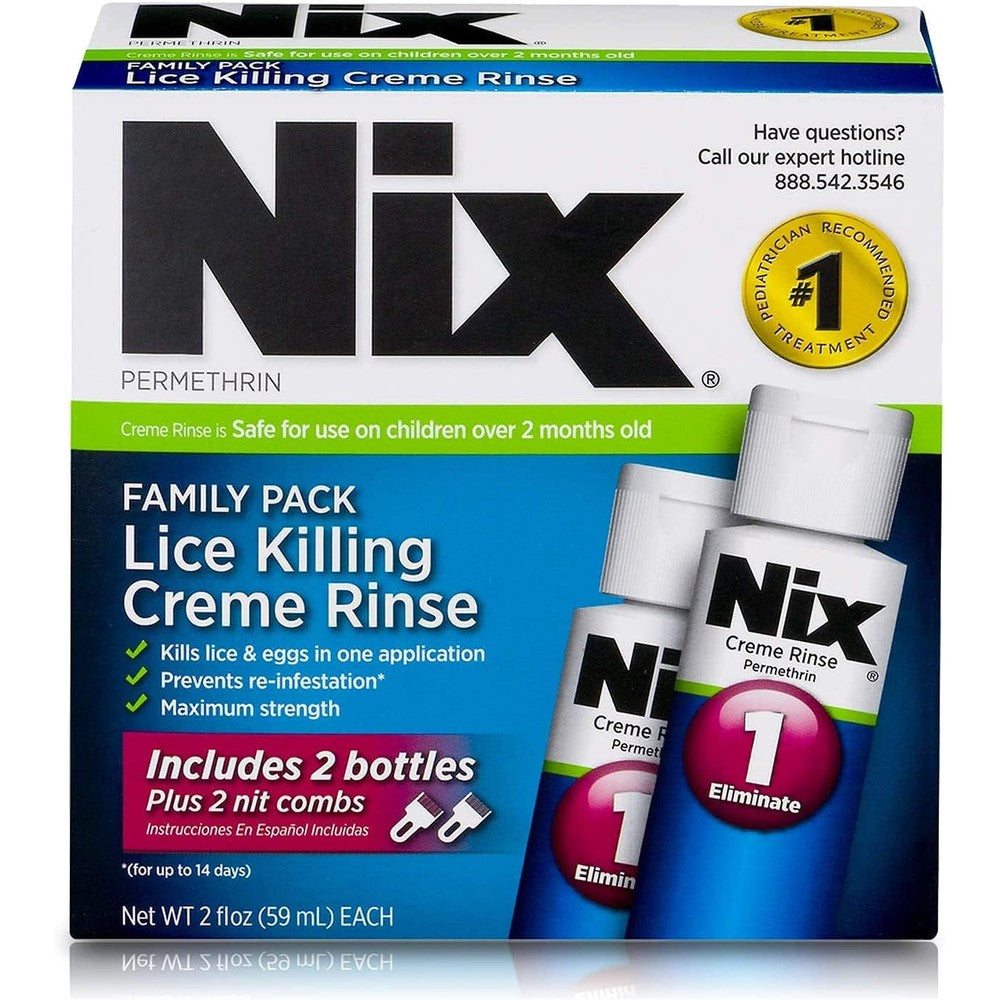 Nix Lice Killing Creme Rinse Family Pack front view showing two bottles and combs.
