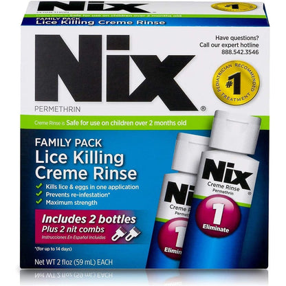 Nix Lice Killing Creme Rinse Family Pack front view showing two bottles and combs.