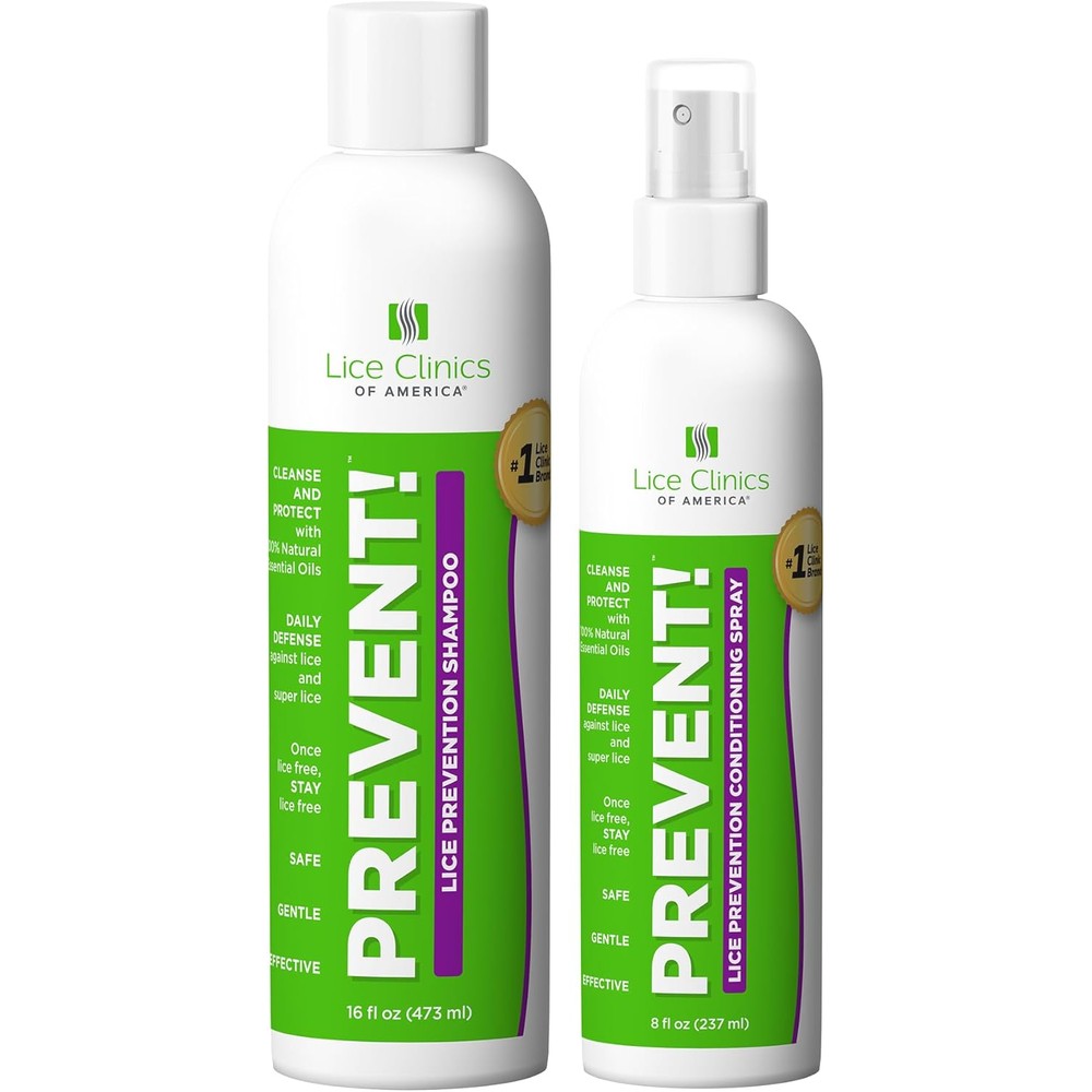 Lice Clinics of America Daily Lice Prevention Kit front view showing shampoo and spray bottles