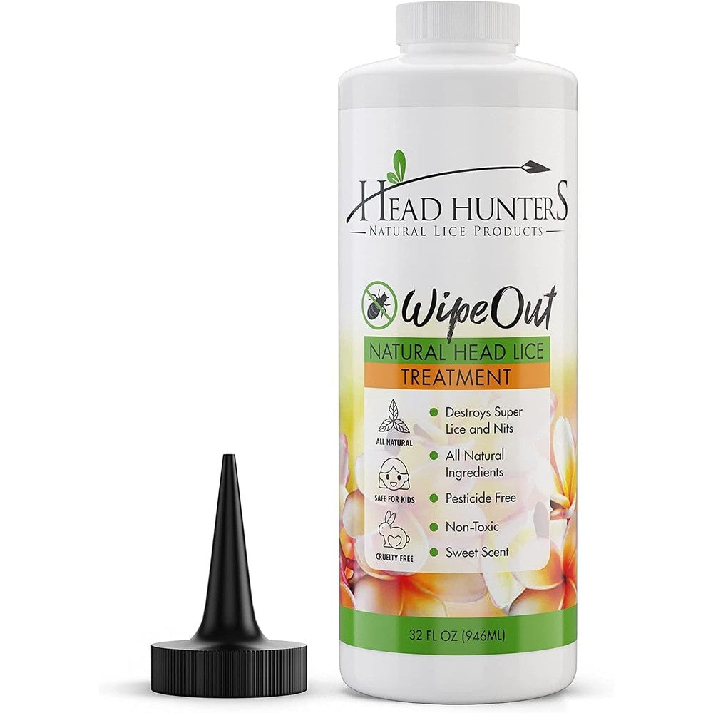 Head Hunters Wipeout Extra Strength 32 Fluid Ounce bottle front view for lice removal.