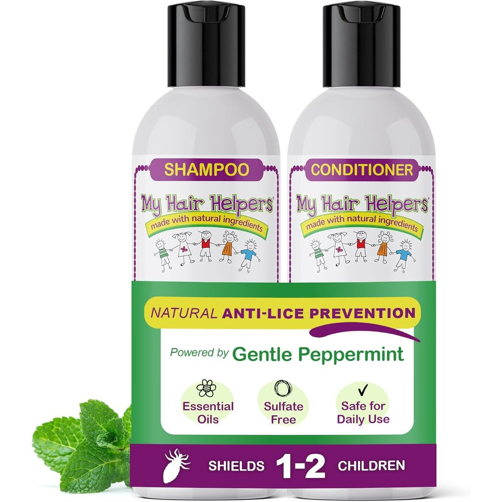 My Hair Helpers Anti Lice Prevention Shampoo and Conditioner set bottles