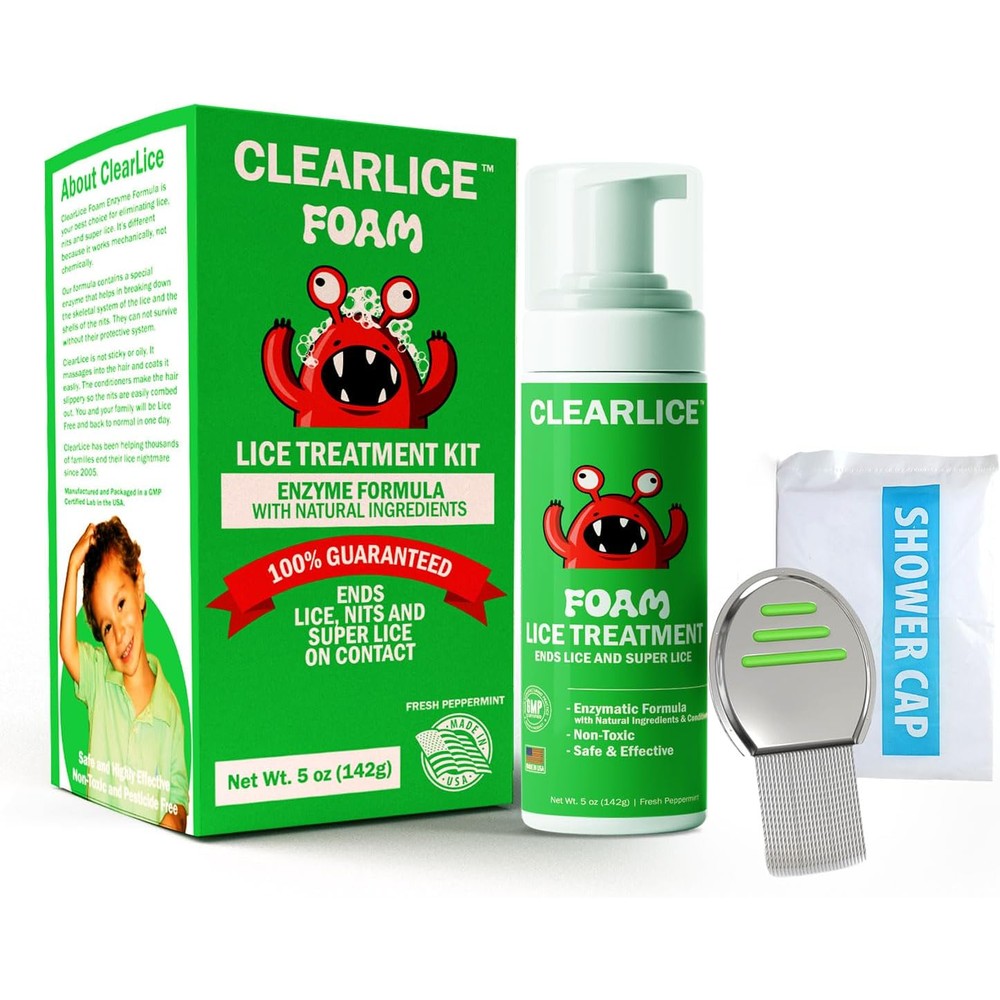 Clearlice extra strength lice treatment kit front view with foam bottle