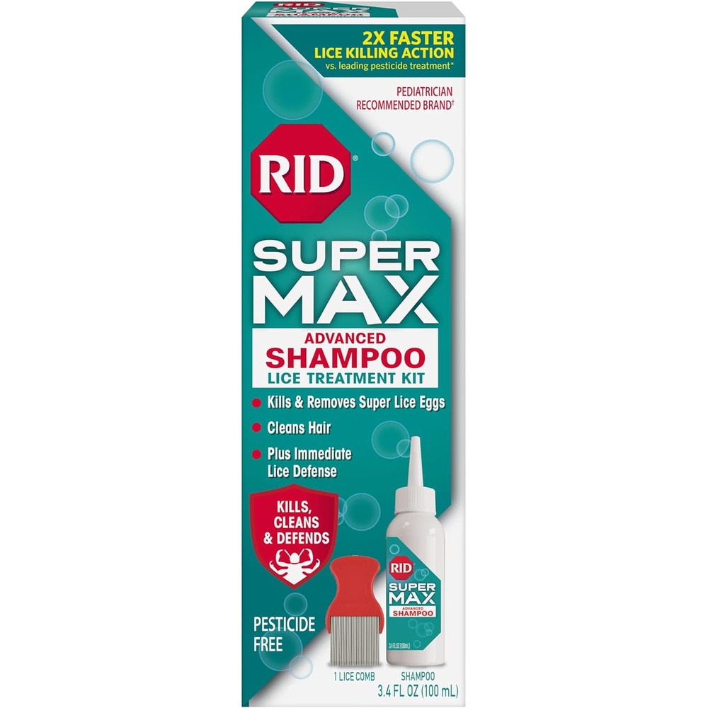 RID Super Max Advanced Shampoo Lice Removal Treatment front view bottle with nit comb for effective head lice removal