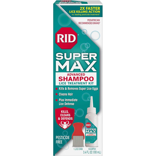 RID Super Max Advanced Shampoo Lice Removal Treatment front view bottle with nit comb for effective head lice removal