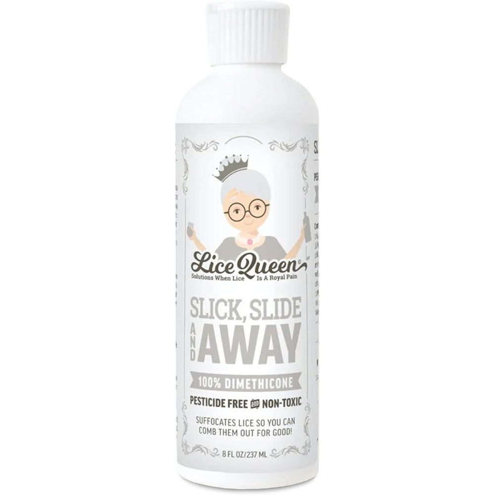 Lice Queen Slick Slide and Away 100% Dimethicone gel bottle front view for lice treatment