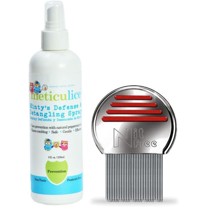 Meticulice Defender Duo front view showing lice defense spray and stainless steel nit comb.