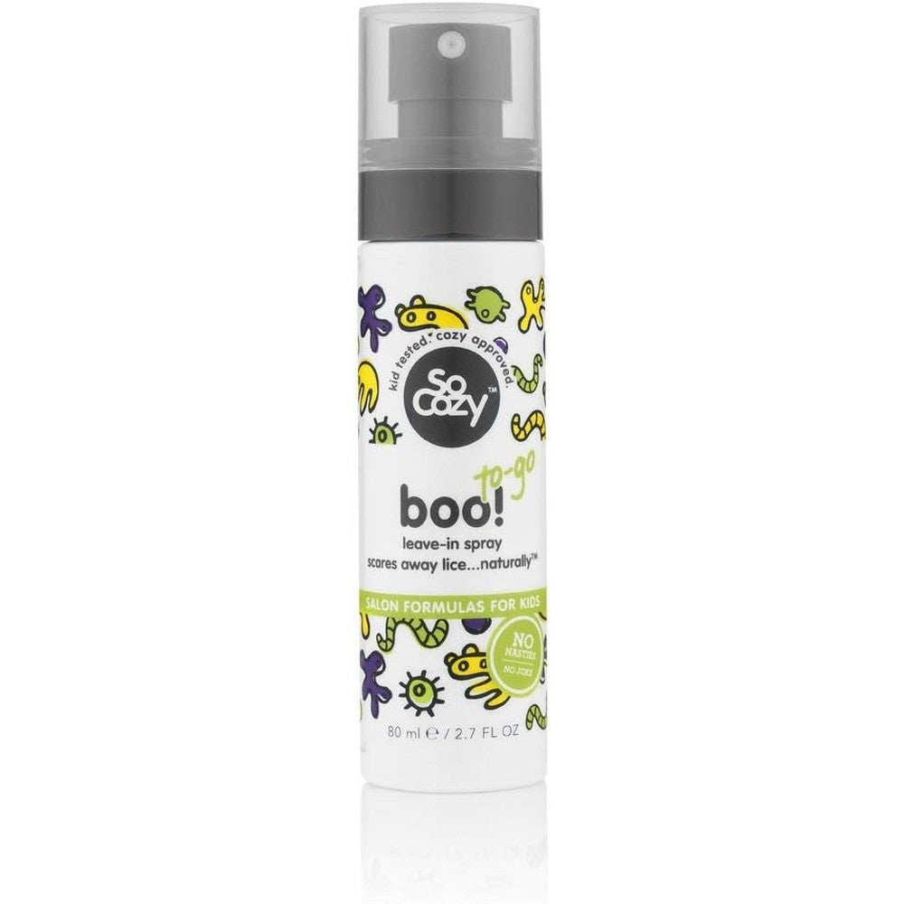 SoCozy Boo Lice Scaring Spray 2.7 Fluid Ounce bottle front view for lice prevention.