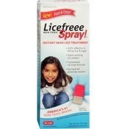 Licefreee Lice Killing Hair Spray 6 Ounce bottle with metal nit comb front view.