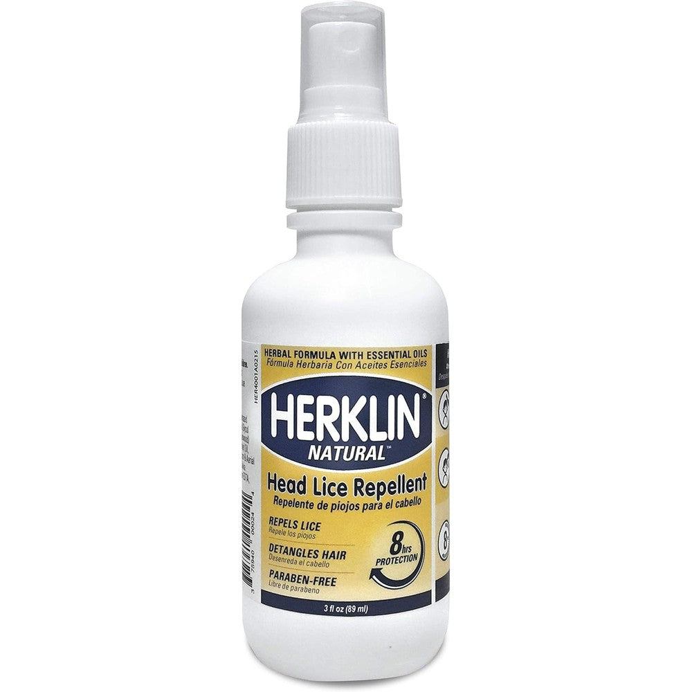 Herklin Natural Head Lice Prevention Hair Spray 3 ounce bottle front view for kids daily protection.