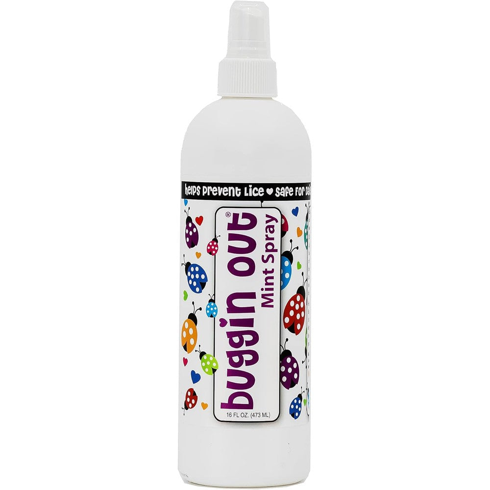 Buggin Out Mystical Mint Spritzer 16 fluid ounce bottle front view for lice prevention.