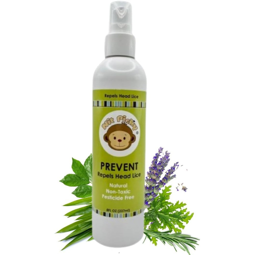 Nit Picky Prevent Head Lice Repellent Spray 8 Fluid Ounce front view bottle showcasing natural essential oil ingredients.
