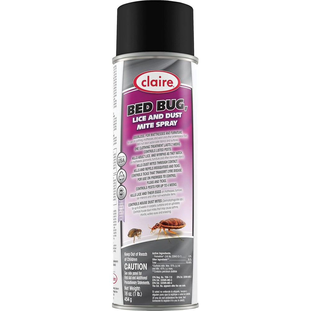 Claire Bed Bug Lice and Dust Mite Spray 16 ounce aerosol can front view.