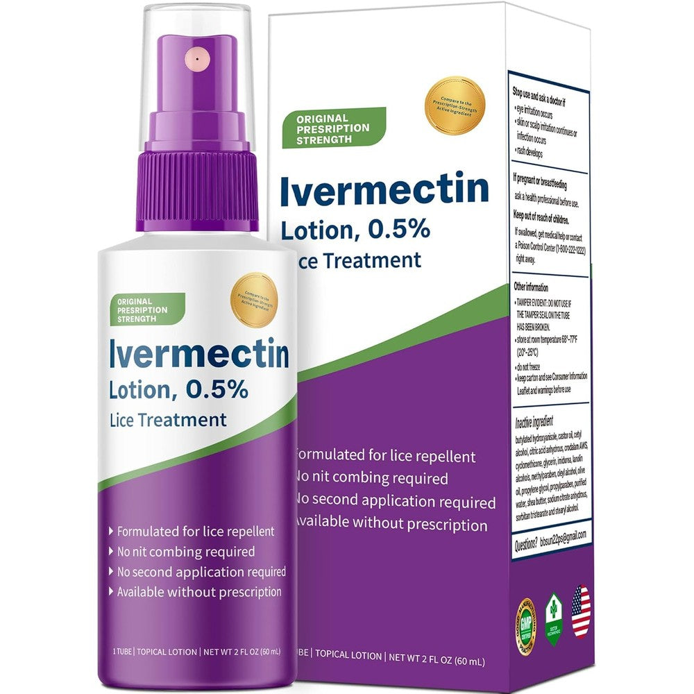 QIFEISHANKA Ivermectin Lotion 0.5 percent head lice treatment purple and white pump tube front view