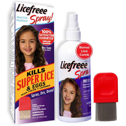 Licefreee Spray Family Size bottle front view for non-toxic lice removal.