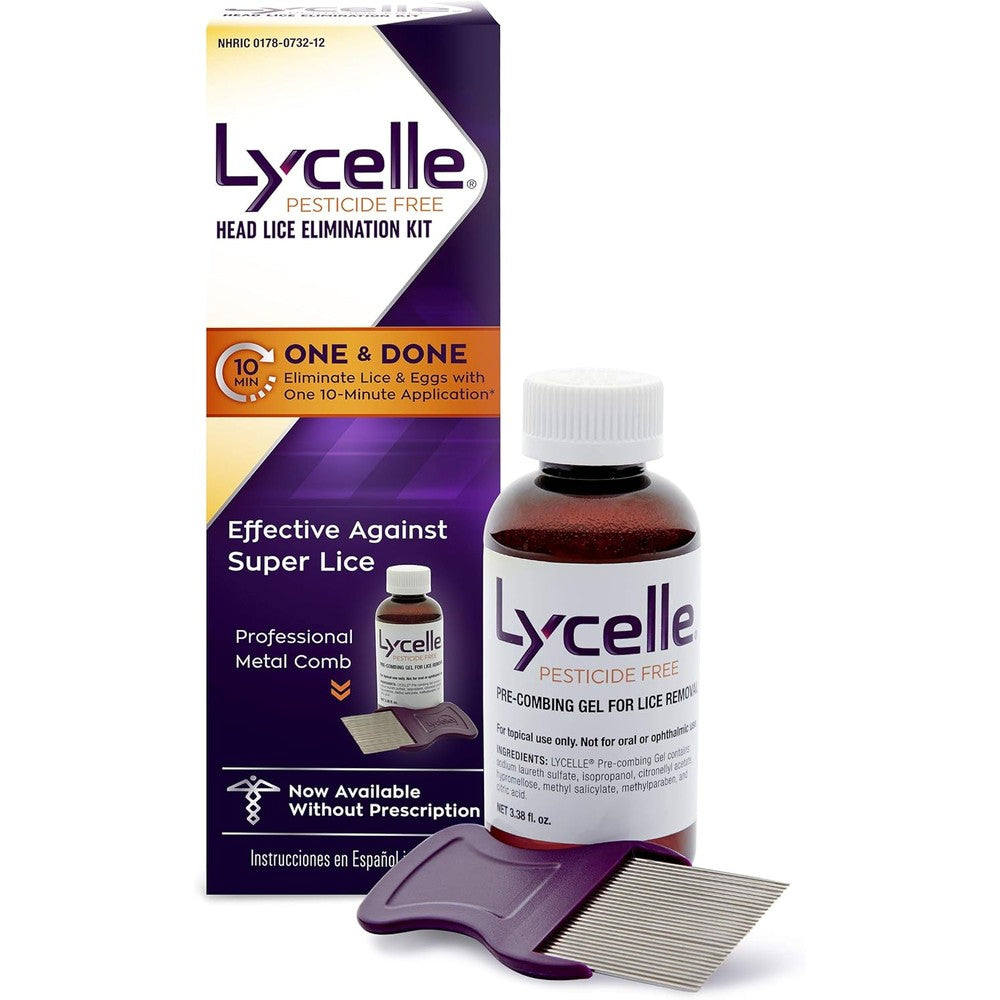 Lycelle Head Lice Removal Kit front packaging for pesticide free treatment.