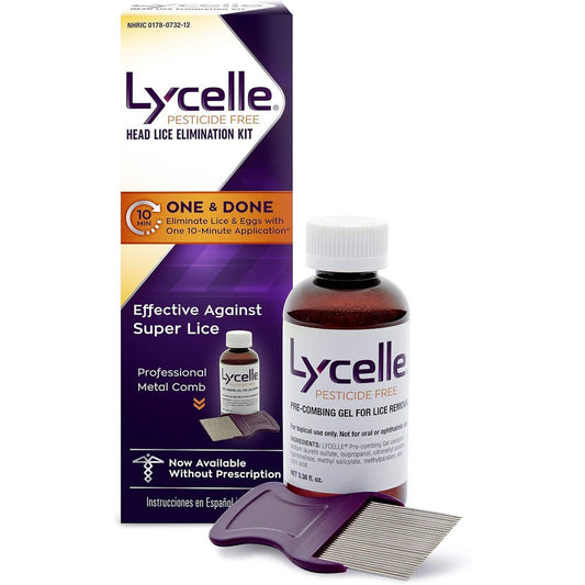 Lycelle Head Lice Removal Kit front packaging for pesticide free treatment.