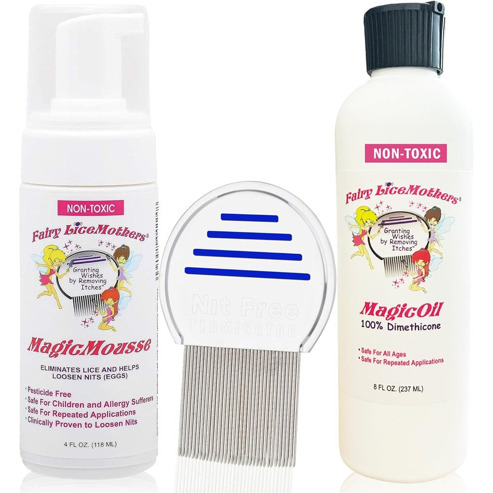 Fairy LiceMothers Ultimate Lice Kit front view showing mousse oil and metal comb for effective lice removal.