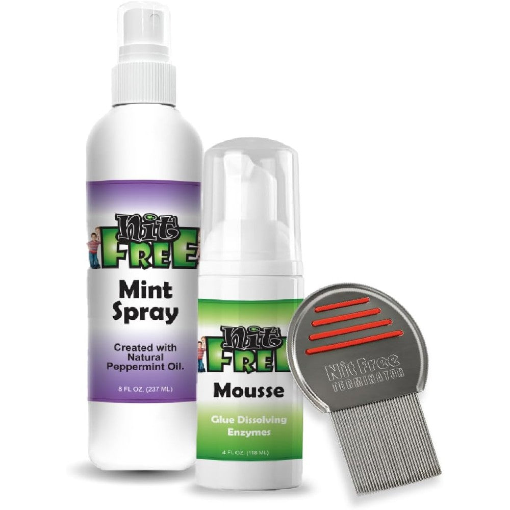 Nit Free 3 Step Lice Removal Kit front view showing mousse spray and comb.