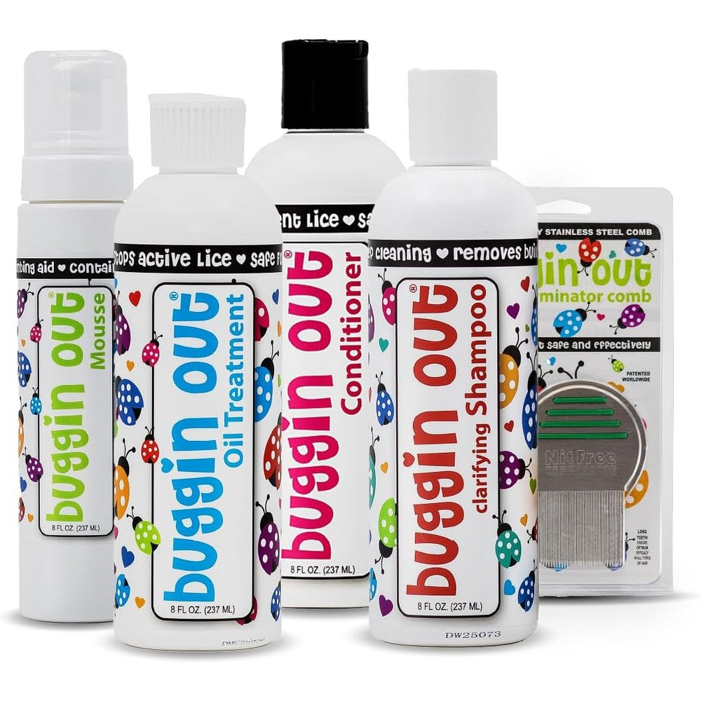 My Hair Helpers Buggin Out Mega Care Lice Kit front view full 5 piece set