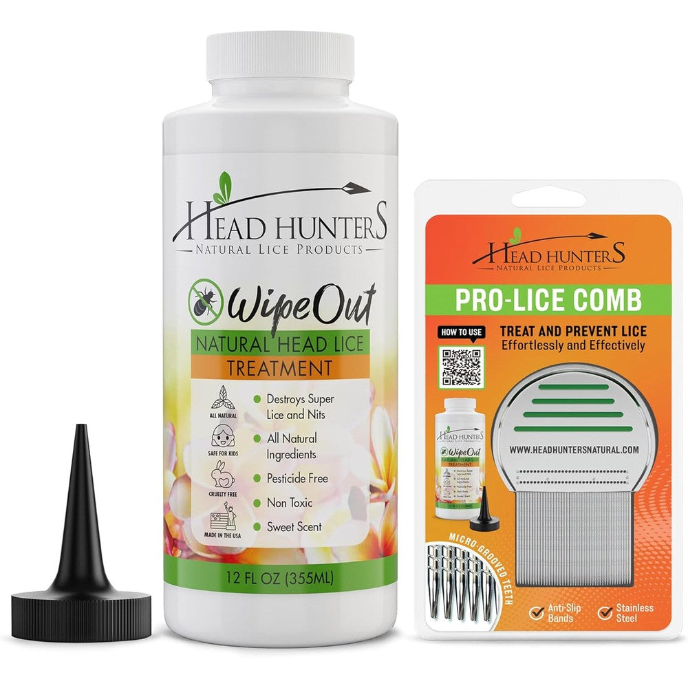 Head Hunters Wipeout Pro Lice Treatment Kit front view for natural lice removal.