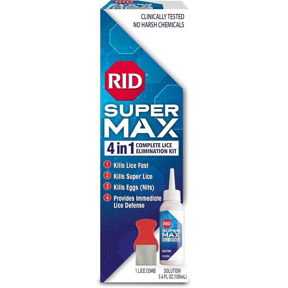 RID Super Max 4-in-1 Lice Removal Treatment Kit front packaging showing lice defense.