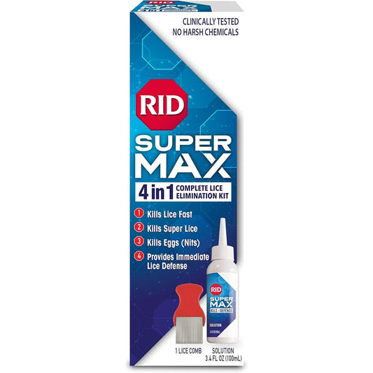 RID Super Max 4-in-1 Lice Removal Treatment Kit front packaging showing lice defense.