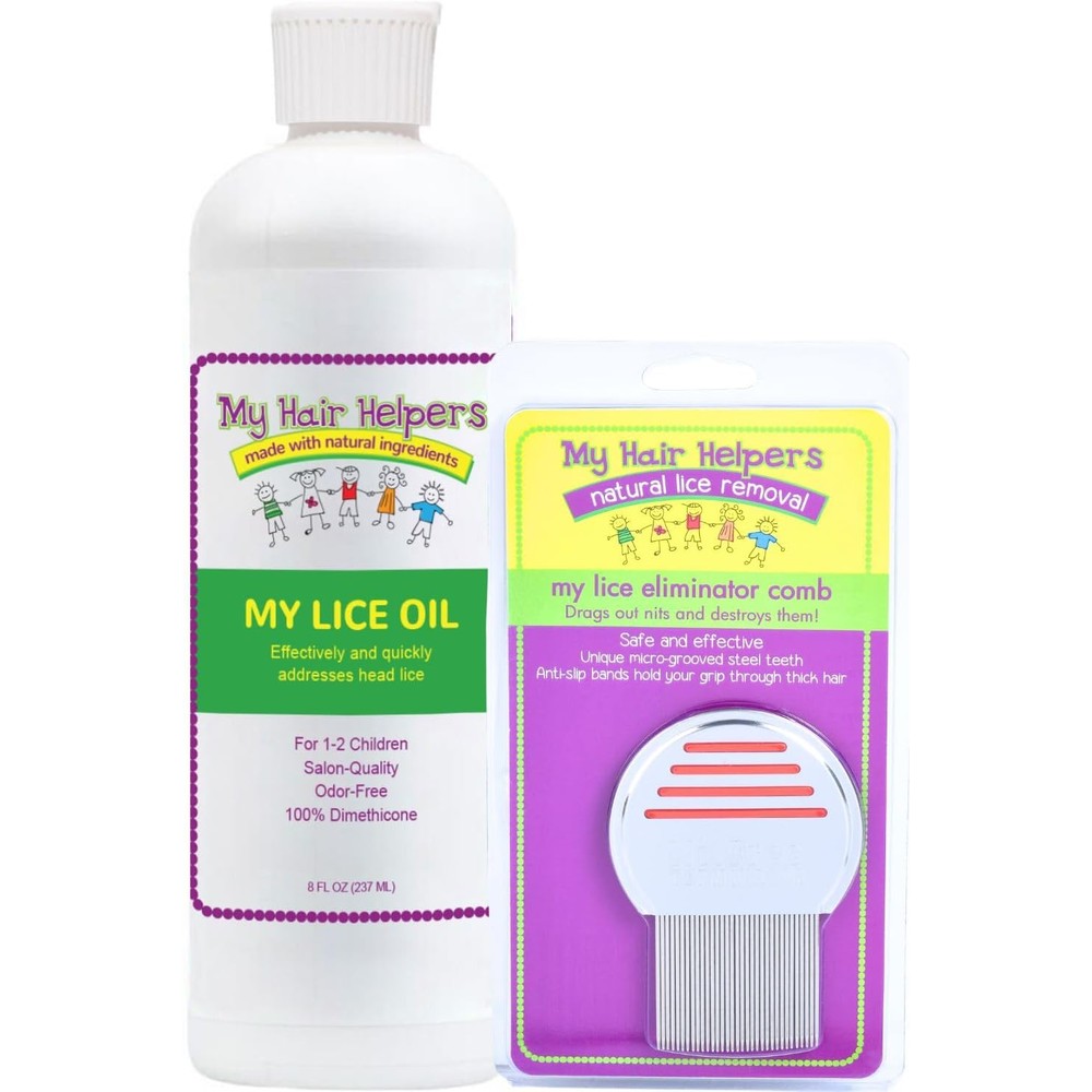 My Hair Helpers Dimethicone Oil and Nit Comb Kit front view for lice treatment.