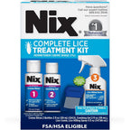 Nix Complete Lice Treatment Kit front packaging showing all components for hair and home.