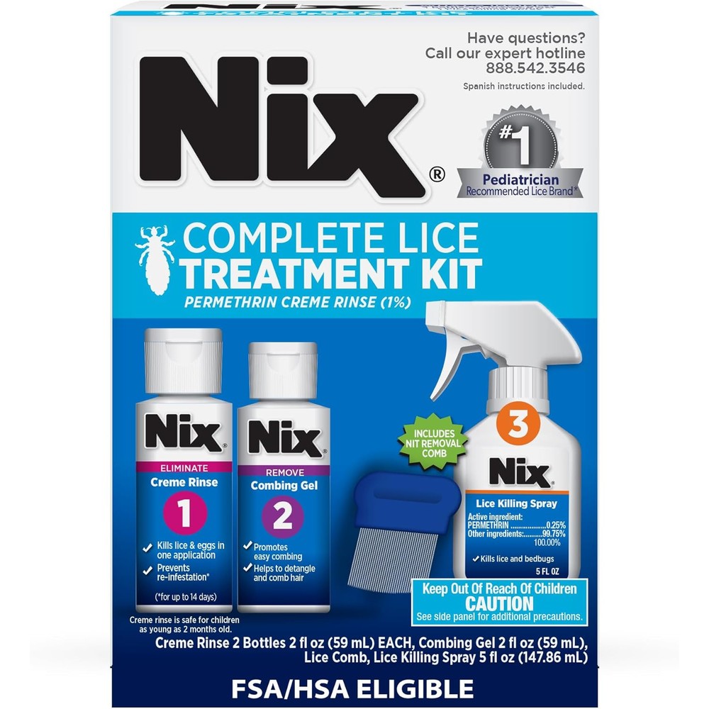 Nix Complete Lice Treatment Kit front packaging showing all components for hair and home.